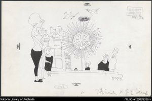 Cartoon for Sydney Morning Herald by George Molnar (1910-1998) of El Alamein Fountain, Fitzroy Gardens, Kings Cross, designed by Woodward & Taranto, 1962. (National Library of Australia) 