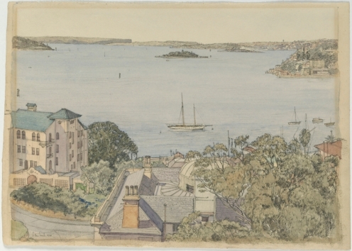 South Head, Sydney Harbour from Potts Point, 1940 / Sydney Ure Smith [Elizabeth Bay House in foreground] (State Library of NSW)