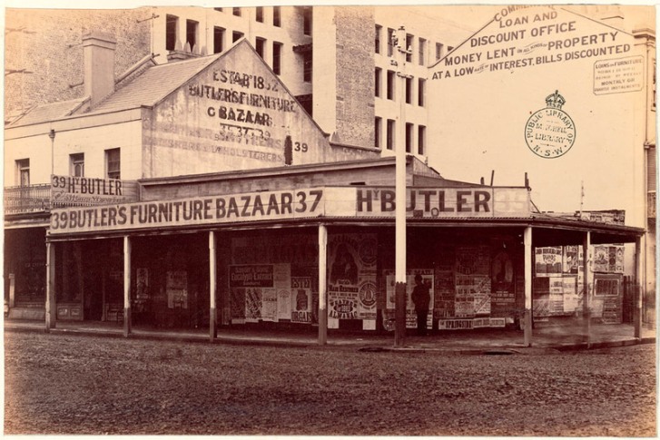 Butler's Furniture Bazaar, 37-39 Park Street, cnr. Castlereagh Street, Sydney, c.1883 (State Library of NSW)